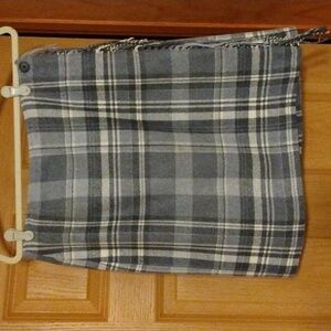 EAGLES EYE GRAY PLAID , LINED, WOOL BLEND SKIRT WITH FRINGE EUC